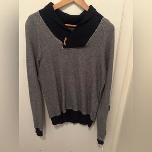 Zara Vintage Navy Blue and White Cowl Neck Sweater